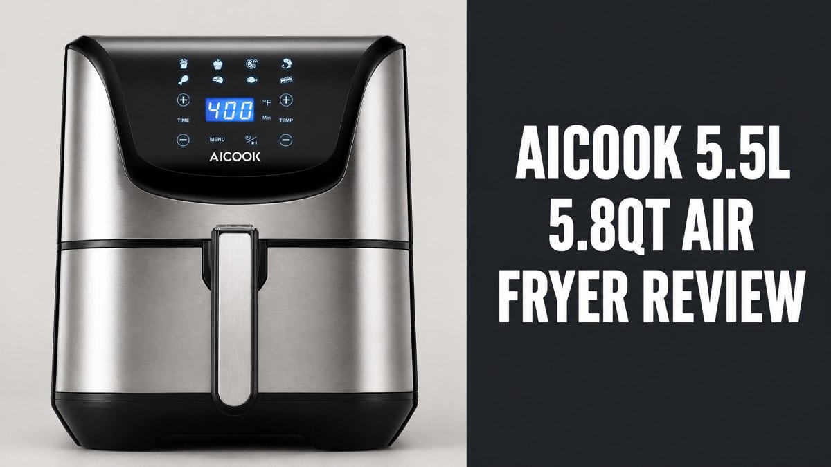 Aicook 5.5L 5.8qt air fryer next to the headline Aicook 5.5L 5.8qt Air Fryer Review