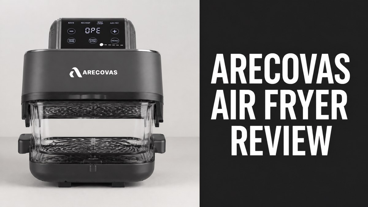 Arecovas 4-in-1 portable glass air fryer next to the headline Arecovas Air Fryer Review