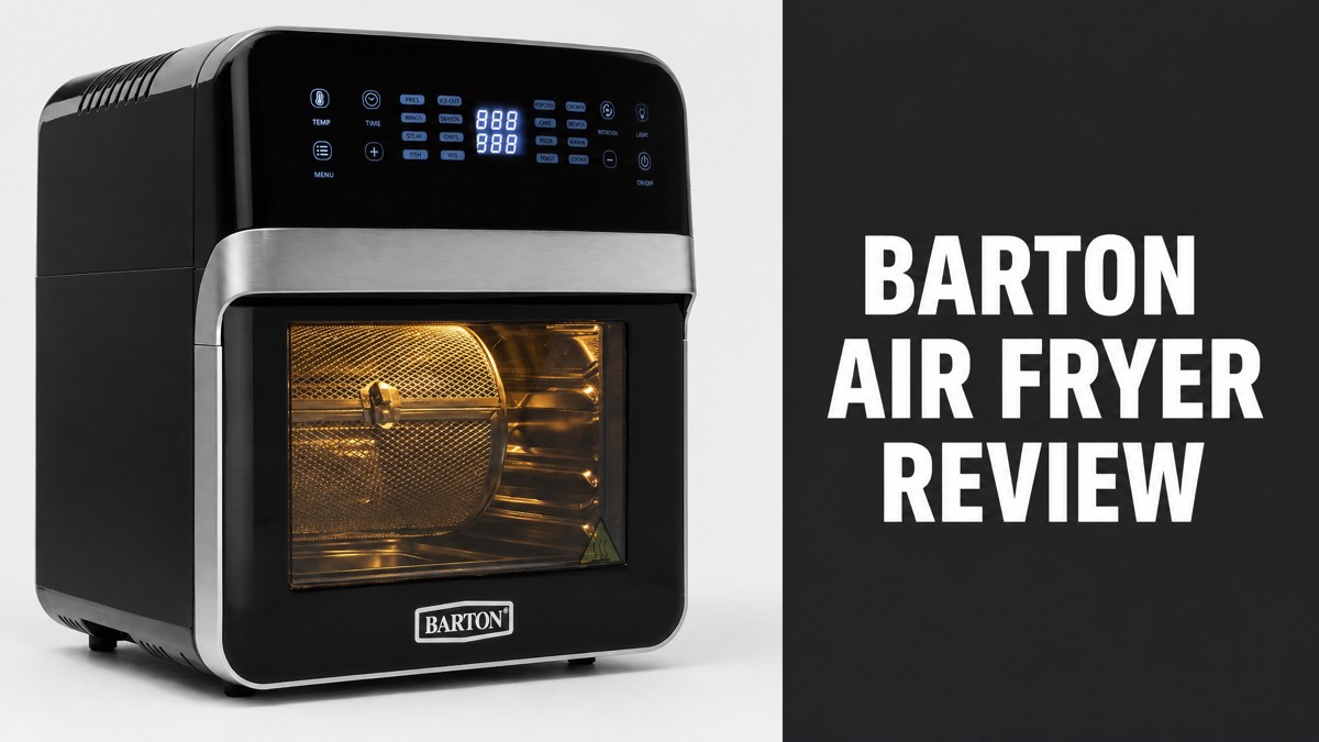 Black and silver Barton 13-quart air fryer oven with a rotisserie drum, next to the headline Barton Air Fryer Review