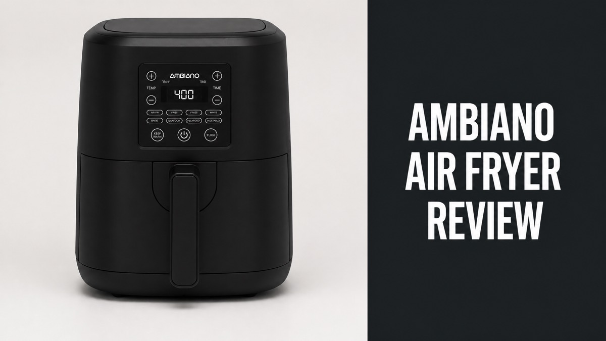 Black Ambiano air fryer with digital controls next to the headline Ambiano Air Fryer Review